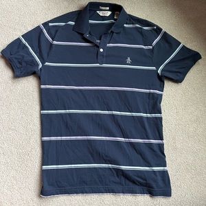 Men’s Original Penguin polo- navy blue with lavender and light grey stripe. EUC.